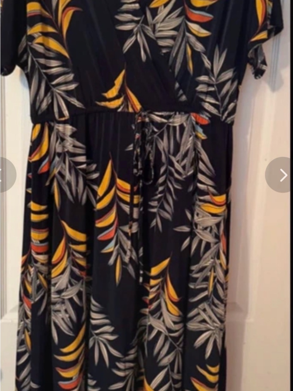 Mlle Gabrielle Navy Maxi Dress with Yellow and Orange Leaf Print